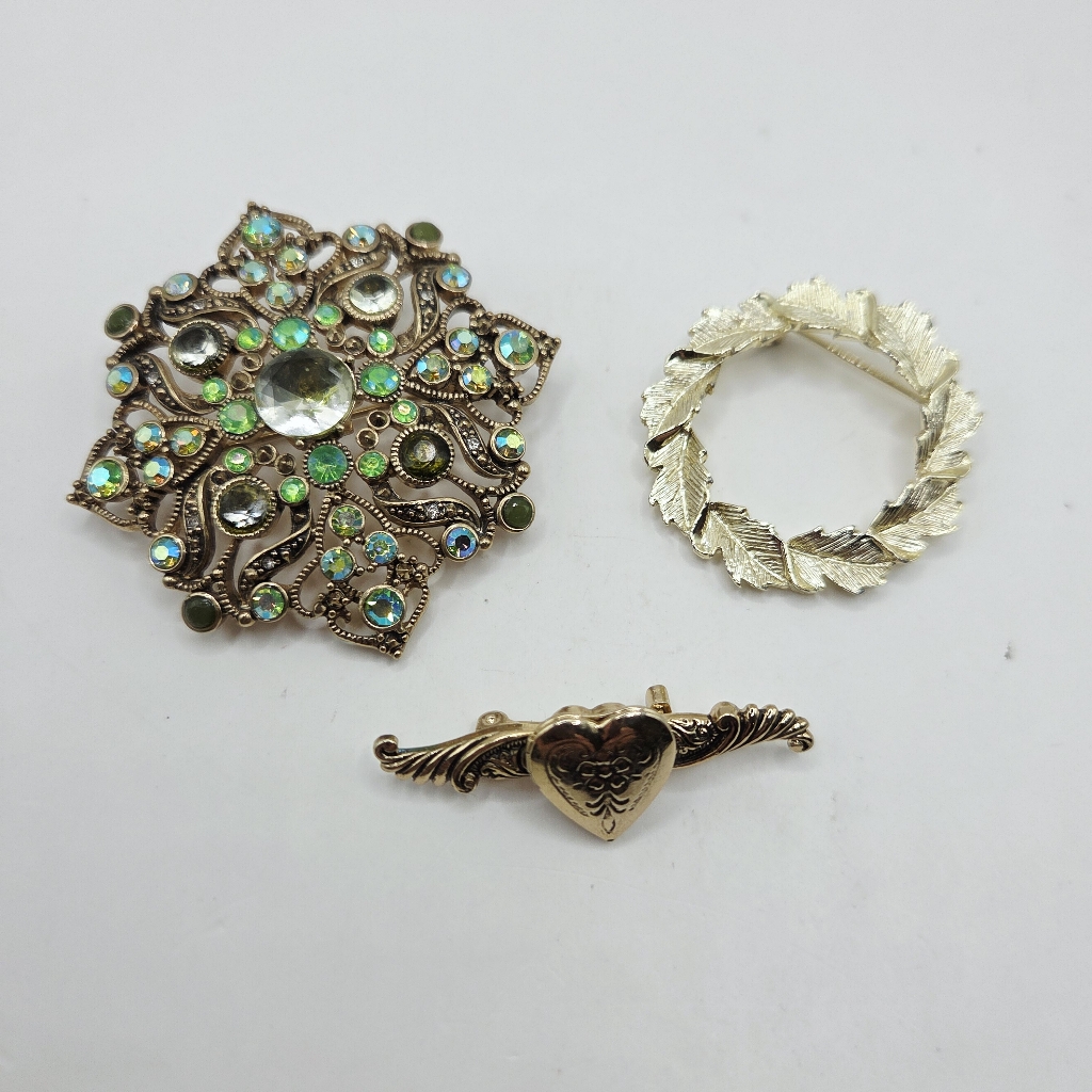 Vintage Gold Tone Wreath Green Rhinestone Heart Mini Locket Brooch Lot Of 3